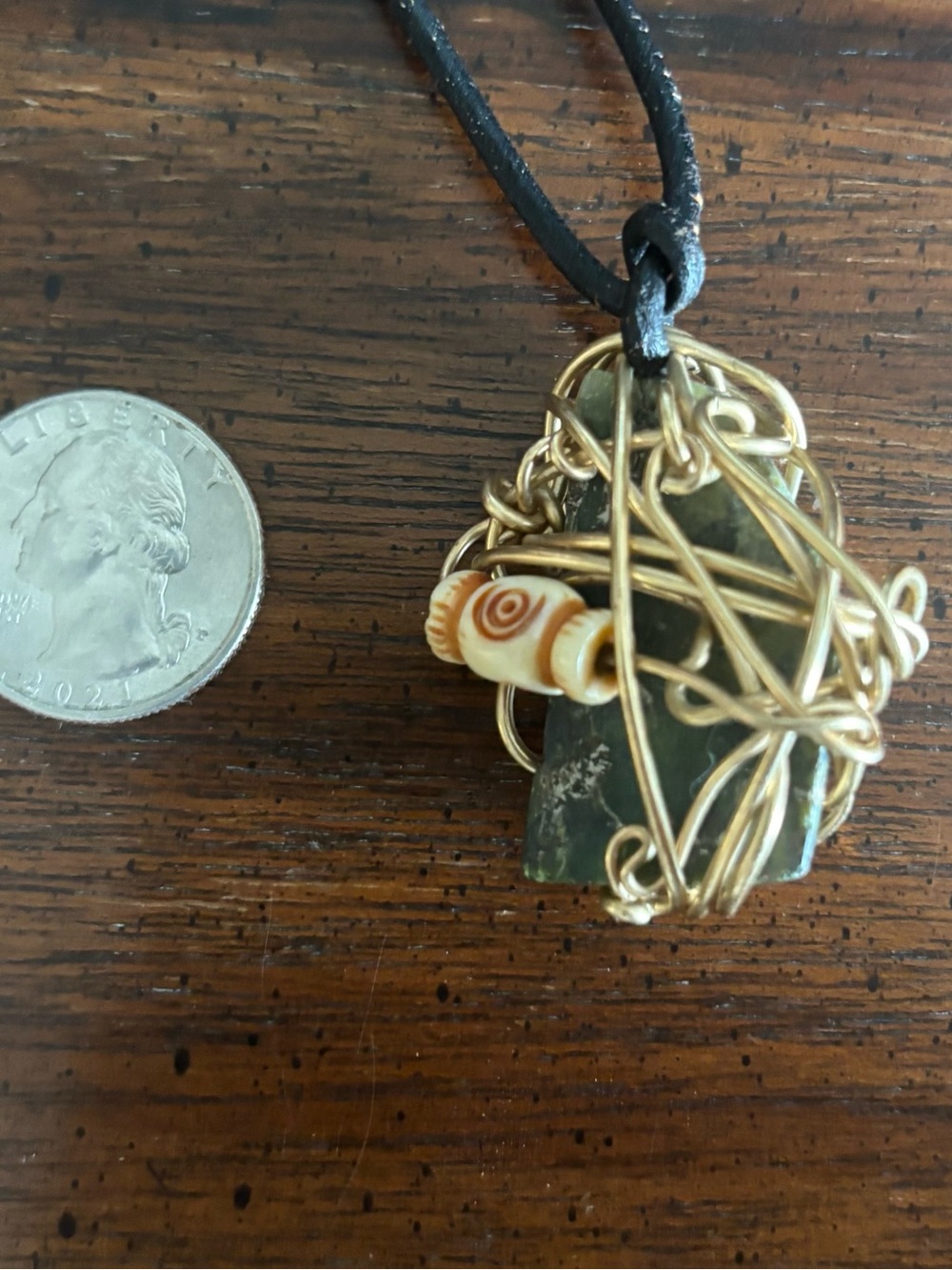 Kasuko Oshima Green Jasper and Tibetan bead gold Wire-Wrapped Pendant Necklace